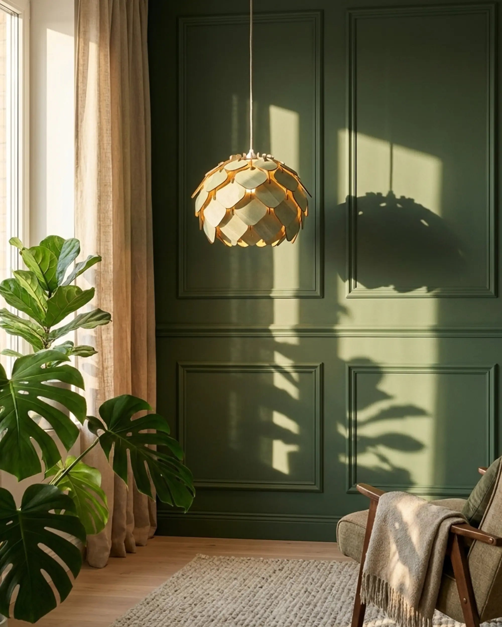 Grankotten ljusgrön mellan kottelampa i grönt rum med monstera och solljus #Storlek_Mellan