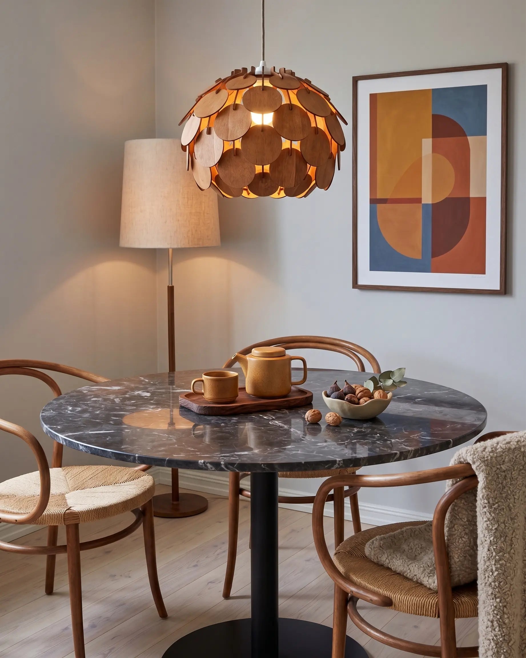 Klot orange kottelampa över marmorbord med bentwood-stolar #Storlek_Mellan