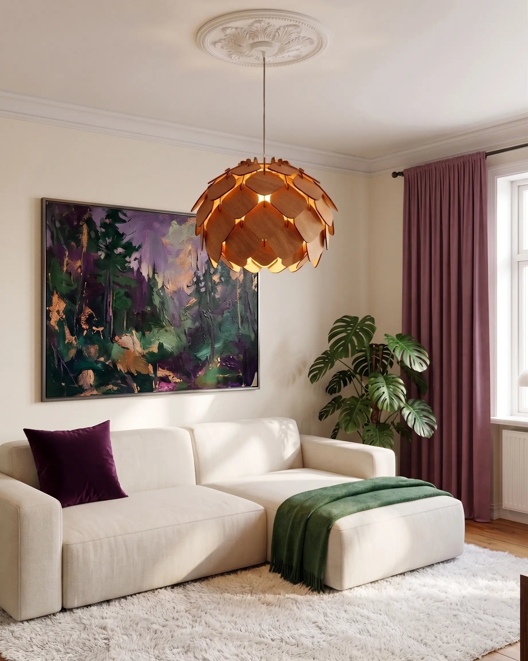 Grankotten orange stor kottelampa i vardagsrum med stuckatur och blomstertavlor #Storlek_Stor