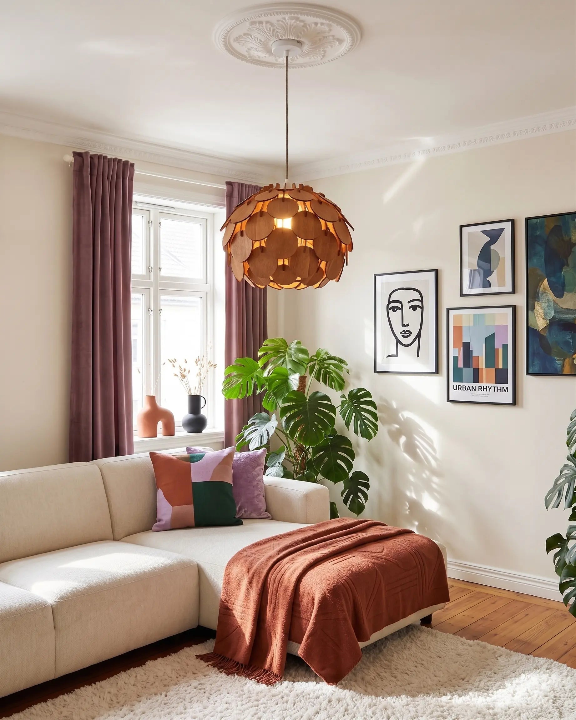Klot orange kottelampa över marmorbord med bentwood-stolar #Storlek_Stor